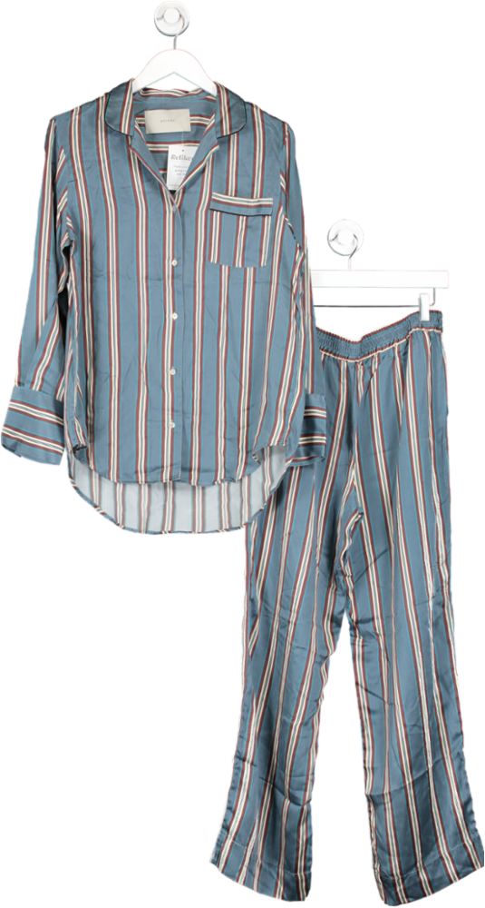 Asceno Grey/Blue Stripe Silk Pyjama Set UK S