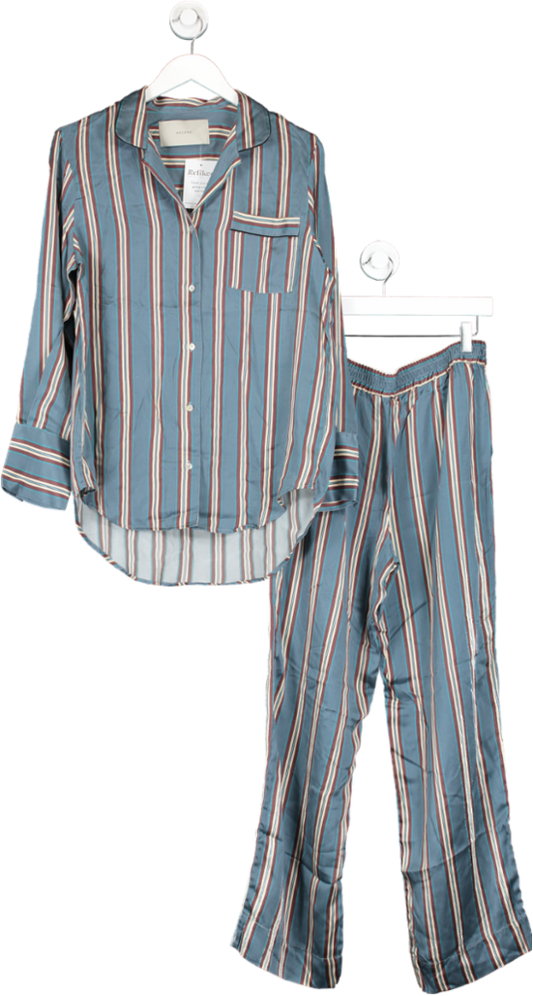Asceno Grey/Blue Stripe Silk Pyjama Set UK S