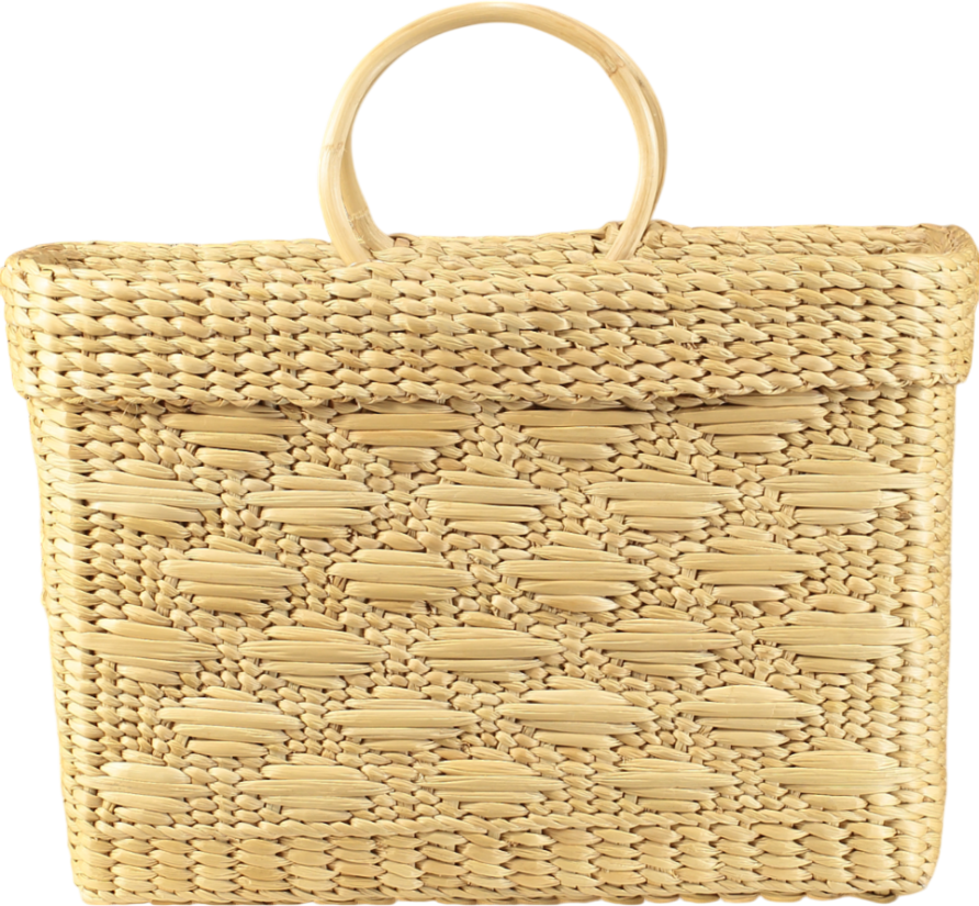 POOLSIDE Beige Structured Natural Straw Woven Large "bisous Bisous"  Kisses Basket Bag