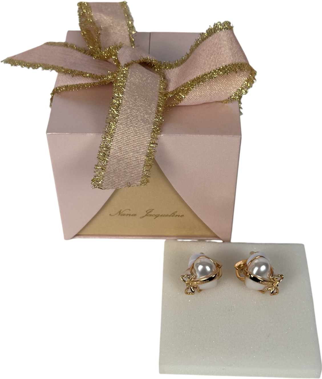 Nana Jacqueline Gold & Pearl Amor heart Earrings in gift box
