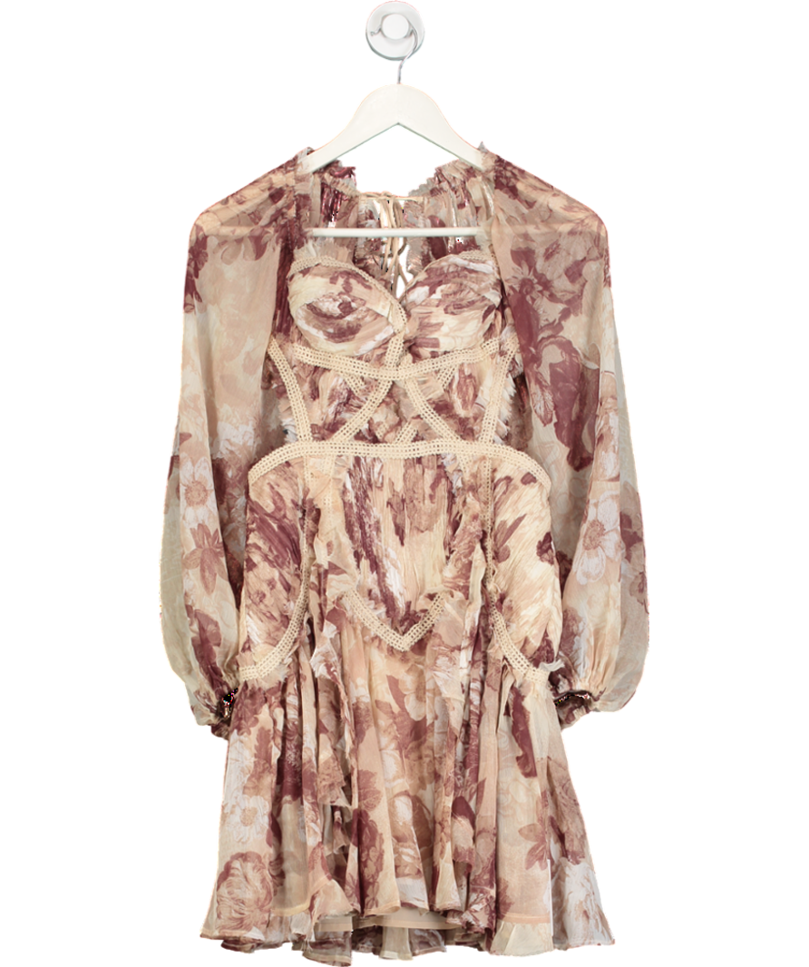 ASOS Design Long Sleeve Shirred Corset Mini Dress With Cut Out In Cream Floral Print UK 10