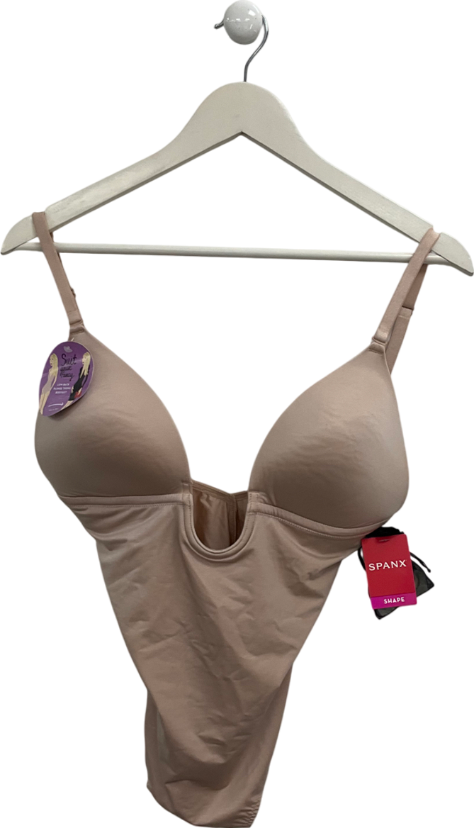 Spanx Nude Suit Your Fancy  Low Back Plunge Thong Bodysuit In Champagne Beige UK M