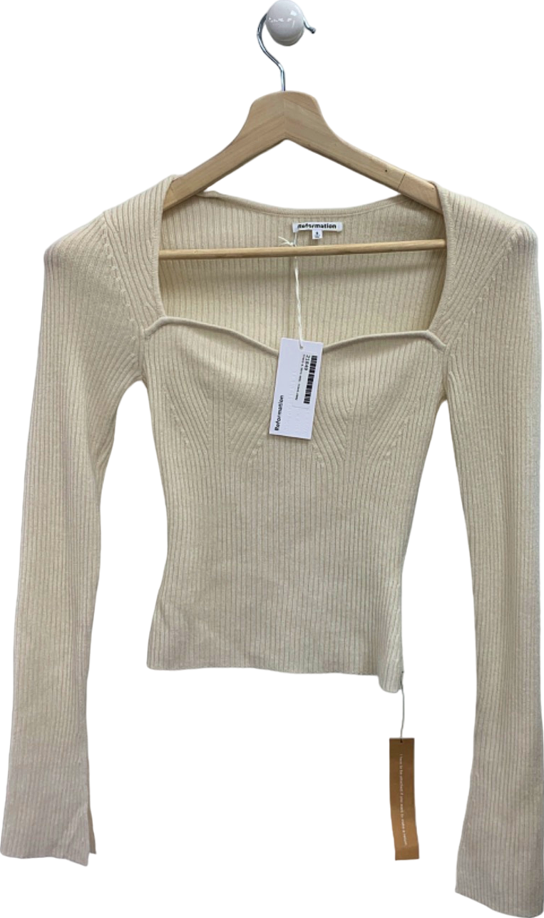 Reformation Ivory Glenna 100% Cashmere Sweetheart Neck Jumper UK S