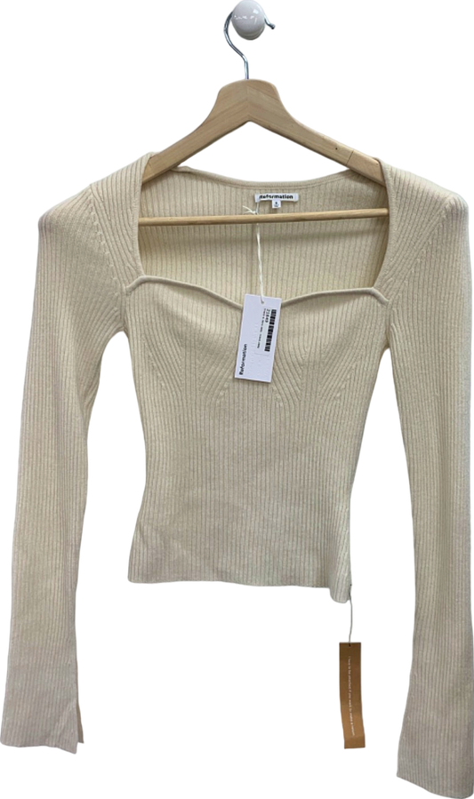 Reformation Ivory Glenna 100% Cashmere Sweetheart Neck Jumper UK S