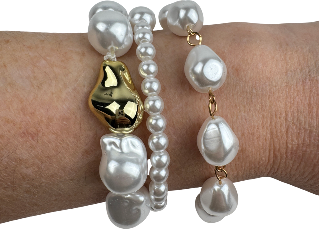Cream Set Of 3 Baroque Faux Pearl Bracelet Stack