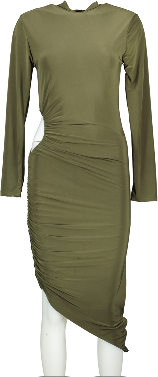 Missguided Khaki Green Slinky Cut Out Long Sleeve Midaxi Dress BNWT - SIZES UK 6/10/12/14