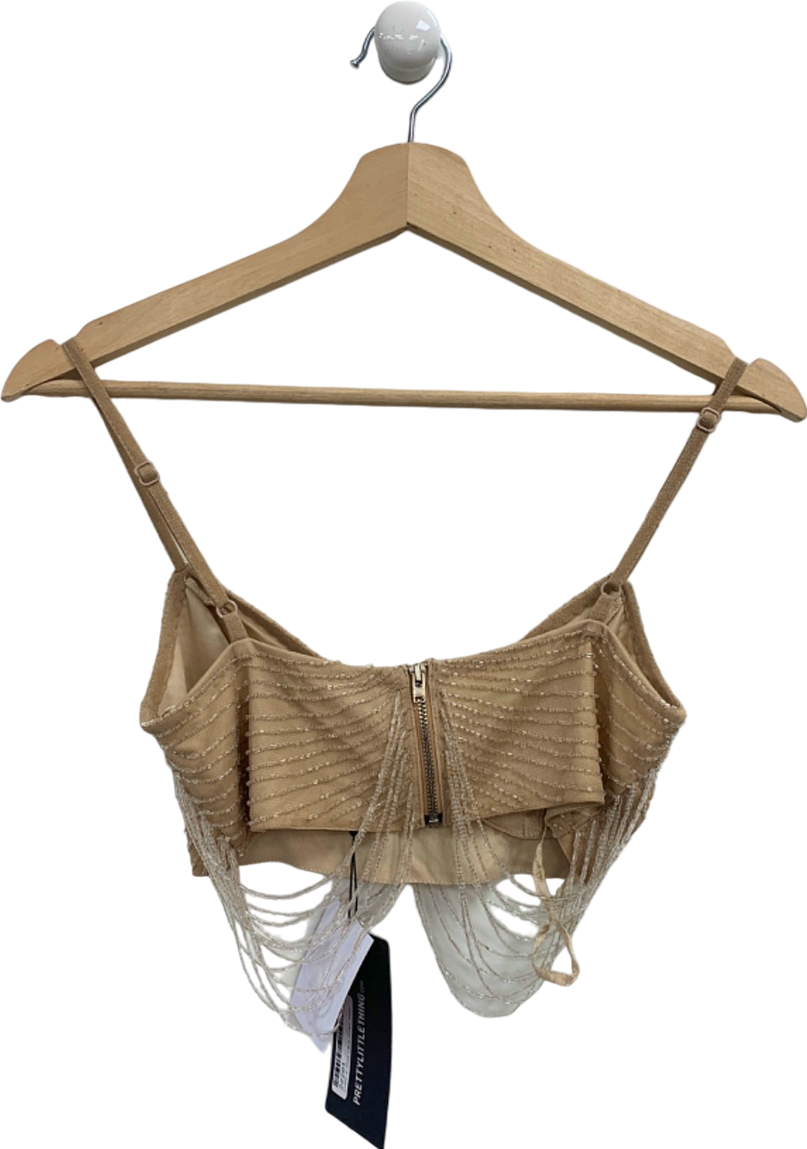 Pretty Little Thing Nude Premium Embellished Draped Bead Bralet UK 6