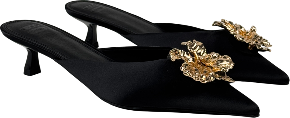 ASOS Design Savvy Flower Trim Detail Mid Heel Mules In Black Satin UK 7 EU 40 👠
