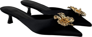 ASOS Design Savvy Flower Trim Detail Mid Heel Mules In Black Satin UK 7 EU 40