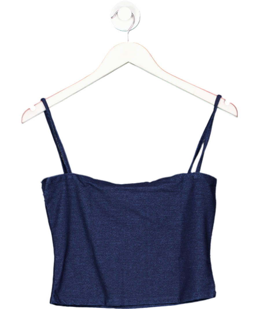 MANGO Navy Blue Square Neck Cropped Top With Thin Straps UK S