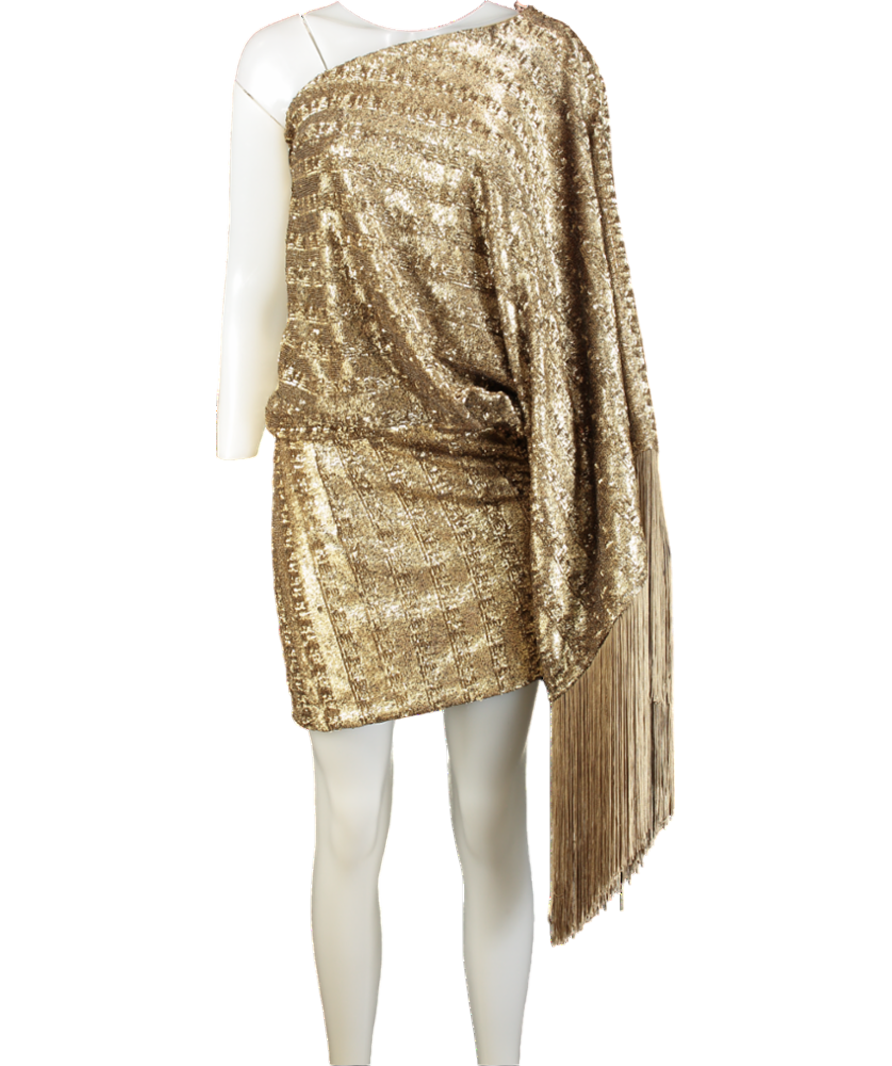 Taller Marmo Metallic Eternity One Sleeve Fringed Sequined Satin Mini Dress UK 8