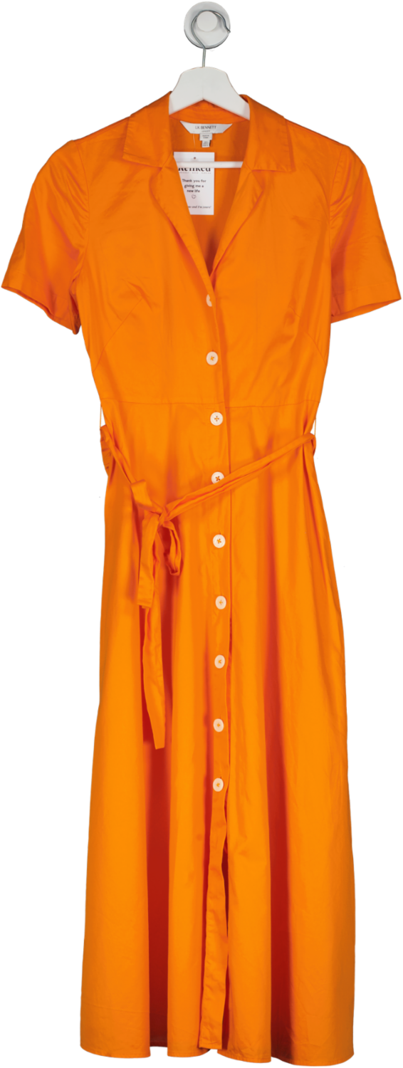 LK Bennett Orange Short Sleeve Belted Midi Dress UK 6