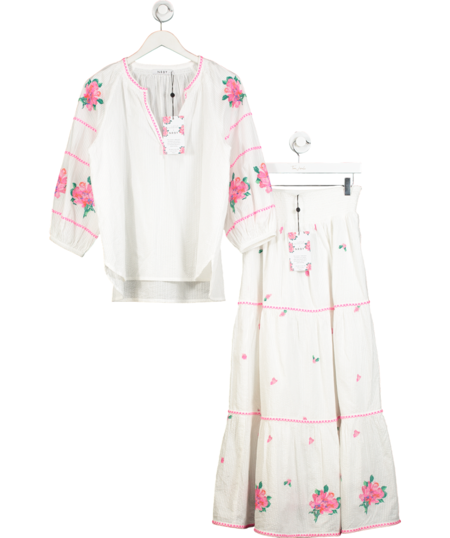 NRBY White Alba Top And Shelby Maxi Skirt Embroidered Cotton Set UK M