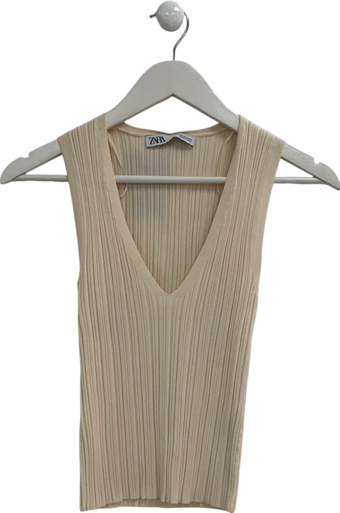 ZARA Cream Textured V Neck Top UK M