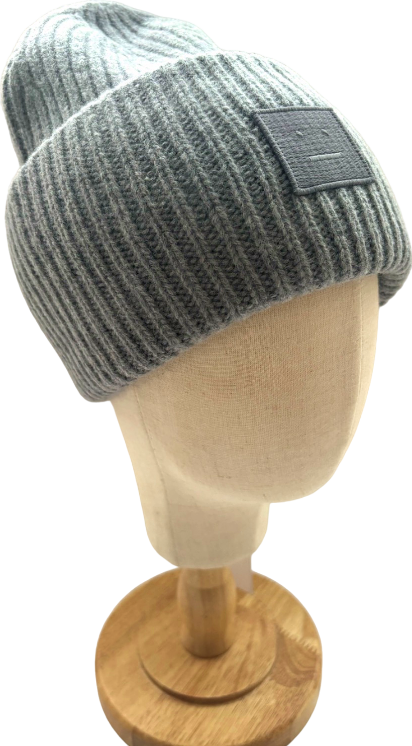 Acne Studios Grey Large Face Logo Ribbed Wool Beanie Hat One Size