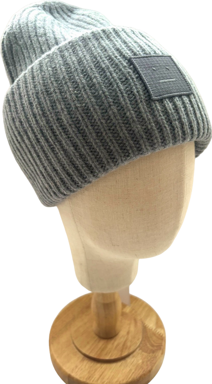 Acne Studios Grey Large Face Logo Ribbed Wool Beanie Hat One Size