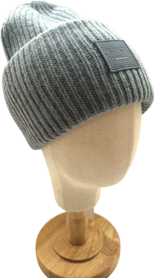 Acne Studios Grey Large Face Logo Ribbed Wool Beanie Hat One Size