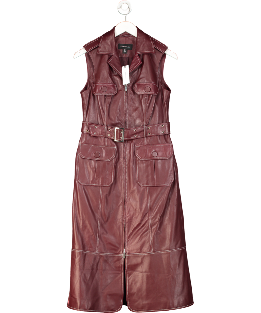 Karen Millen Red Leather Contrast Stitch Sleeveless Midi Dress UK 10