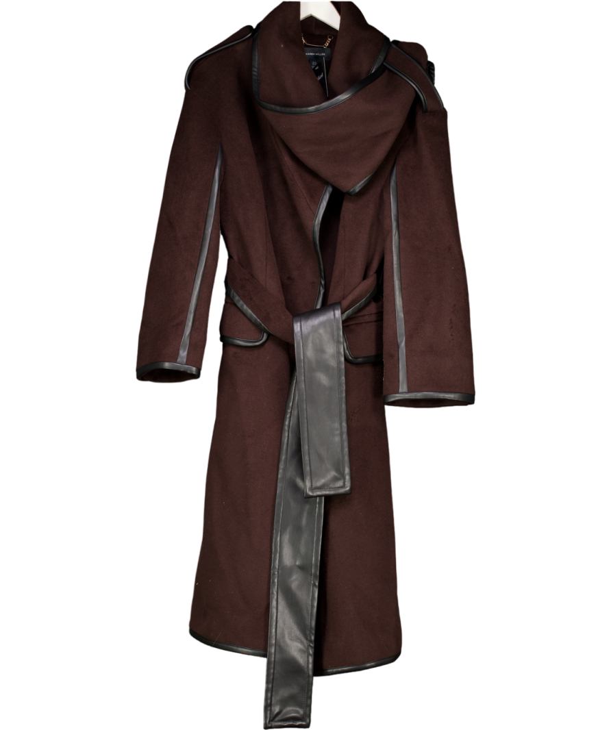 Karen Millen Brown Brushed Wool Pu Mix Scarf Neck Belted Tailored Maxi Coat UK 16