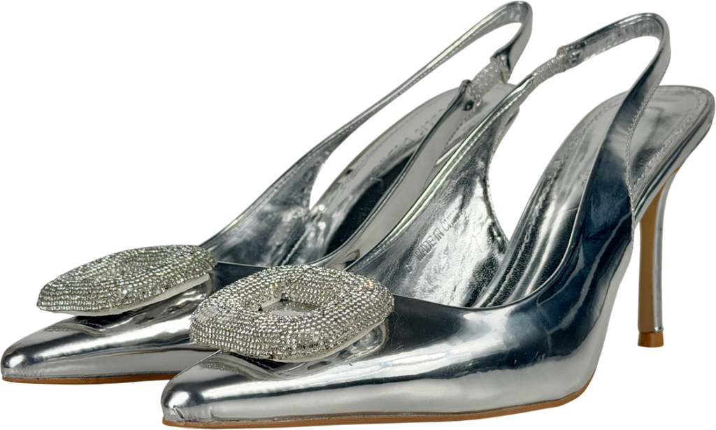 Public Desire Metallic Floss Mirror Silver Diamante Embellished Sling Back Court Heels UK 6 EU 39 👠