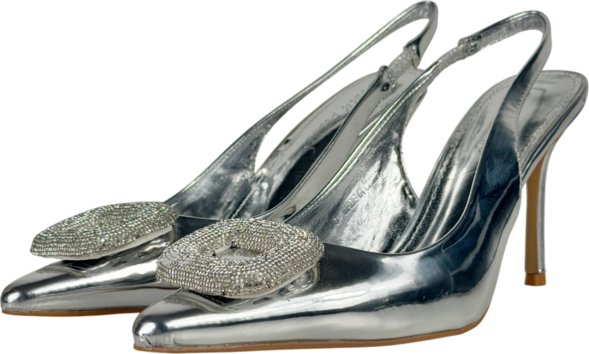 Public Desire Metallic Floss Mirror Silver Diamante Embellished Sling Back Court Heels UK 6 EU 39 👠