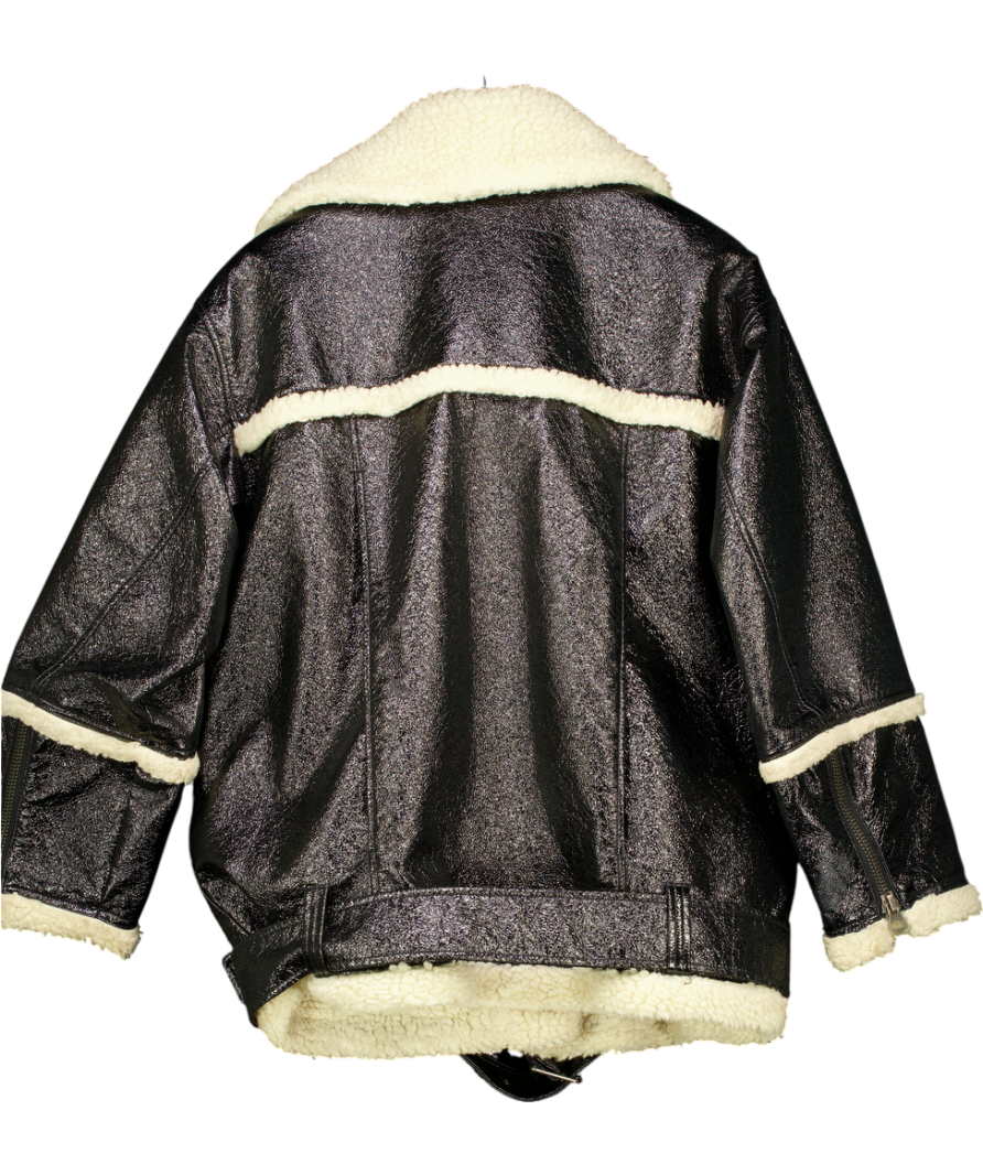 Monki Black Oversized Faux Leather / Shearling Aviator Jacket UK S
