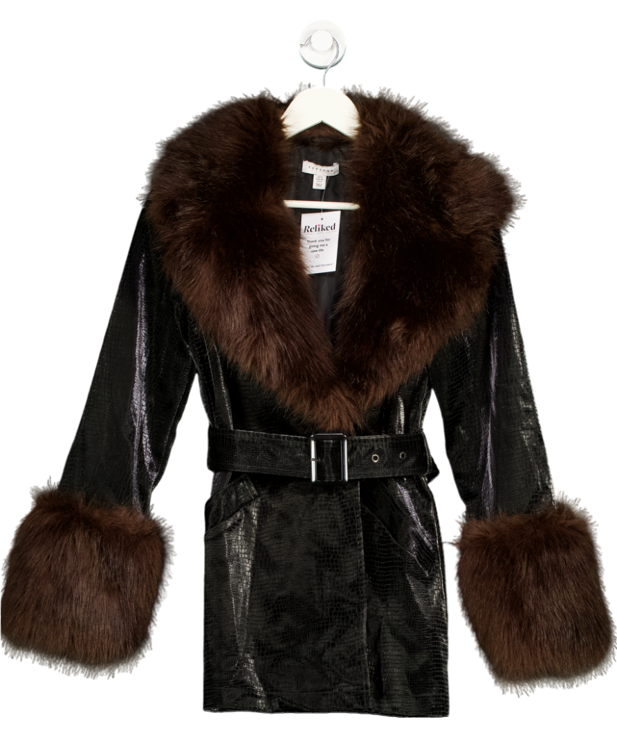 Topshop Black Faux Leather & Fur Jacket UK 8