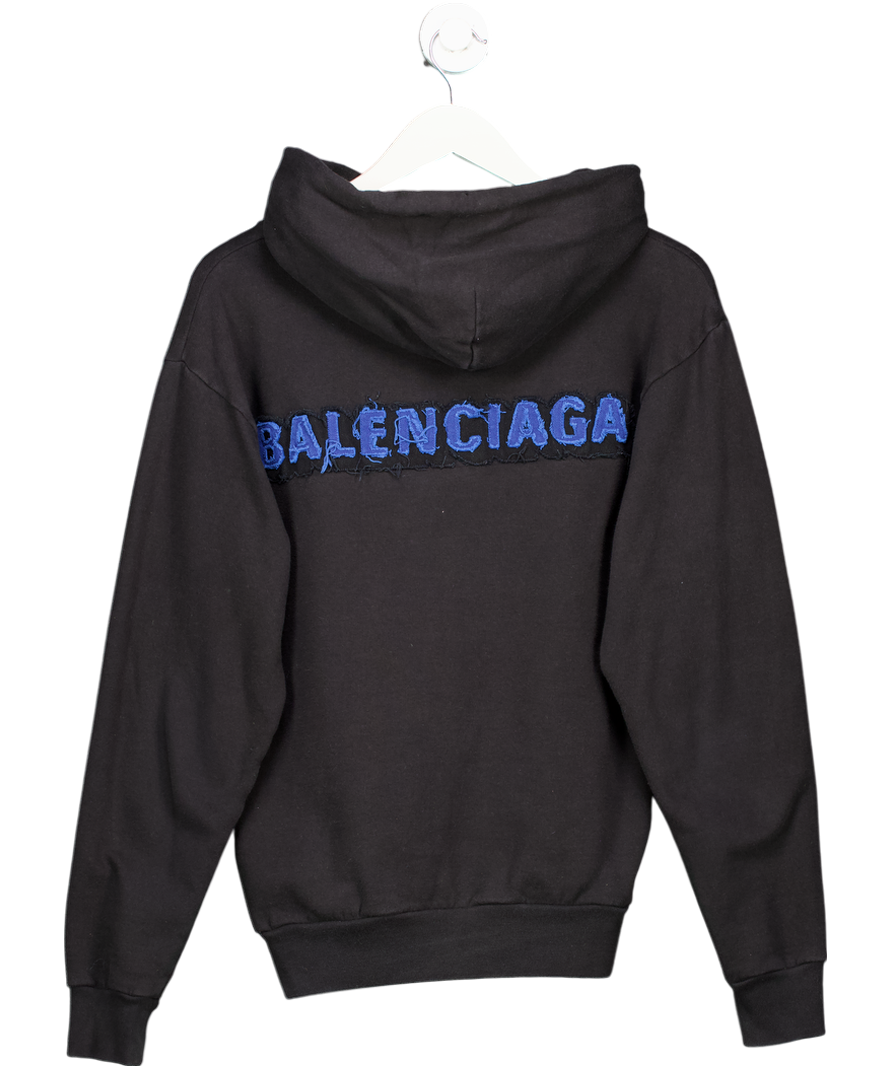 Balenciaga Black Hoodie With Distressed Navy Blue Logo Print On The Back UK S