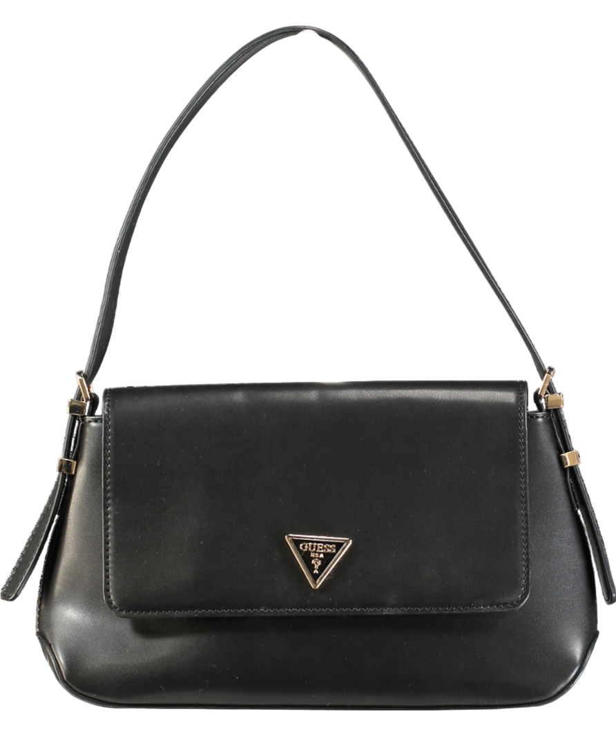 Guess Black Smooth Leather Logo Plaque Shoulder Flap Bag One Size