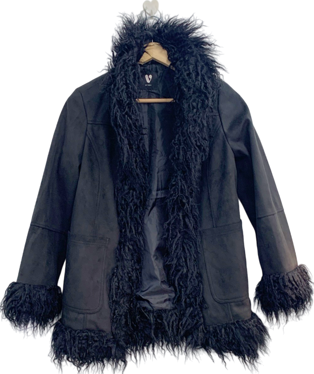 Very Black Faux Fur Trim Coat UK 12