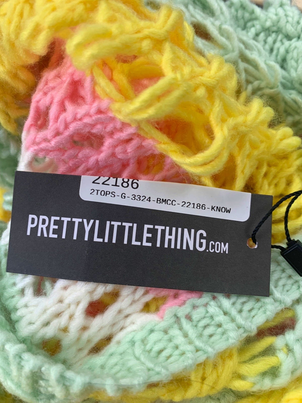 PrettyLittleThing Multicoloured Pink Open Crochet Knit Floral Applique Crop Top UK S