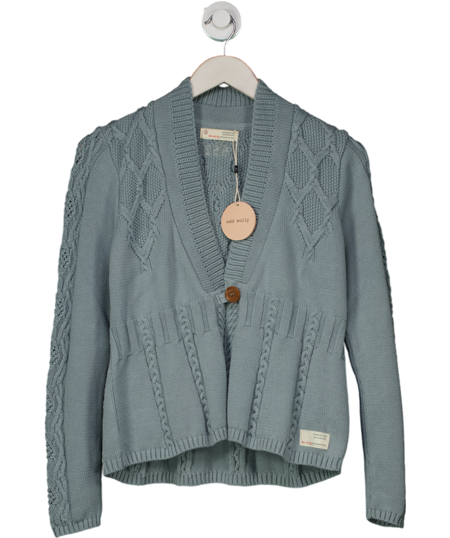 Odd Molly Dusty Blue 100% Organic Cotton Cable Knit Cardigan Sz2 UK M