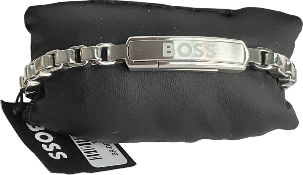 hugo boss Metallic Silver-tone Box-chain Cuff With Logo Branded Closure