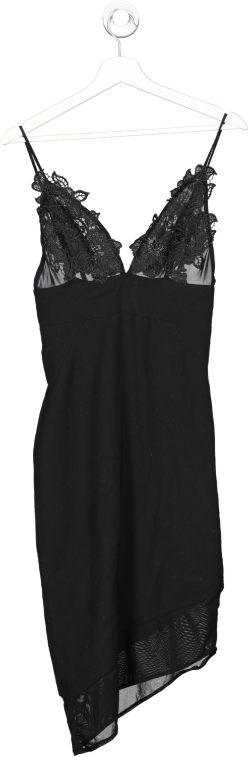 House of CB Black Caprice Slip Dress Asymmetric Lace Overlay UK XS