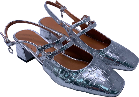 River Island Silver Croc Embossed Slingback Block Heel Shoes UK 7
