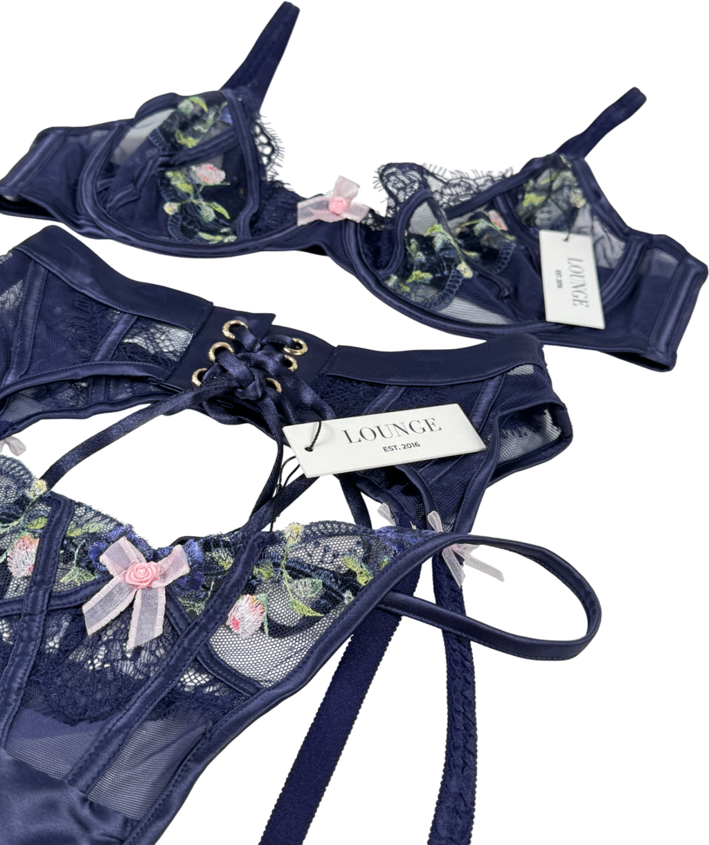 Lounge Underwear 3-piece Navy Blue Lace Floral Intimates Bra 34d/knicker/suspender Set UK XS
