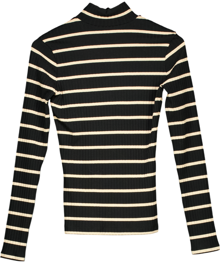 NINETY PERCENT Black Organic Cotton Ribbed Striped Roll Neck Top UK S