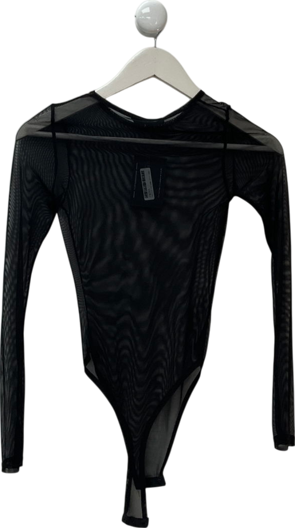 Missguided Black Rave Sheer Mesh Polo Neck Long Sleeve Bodysuit UK 6