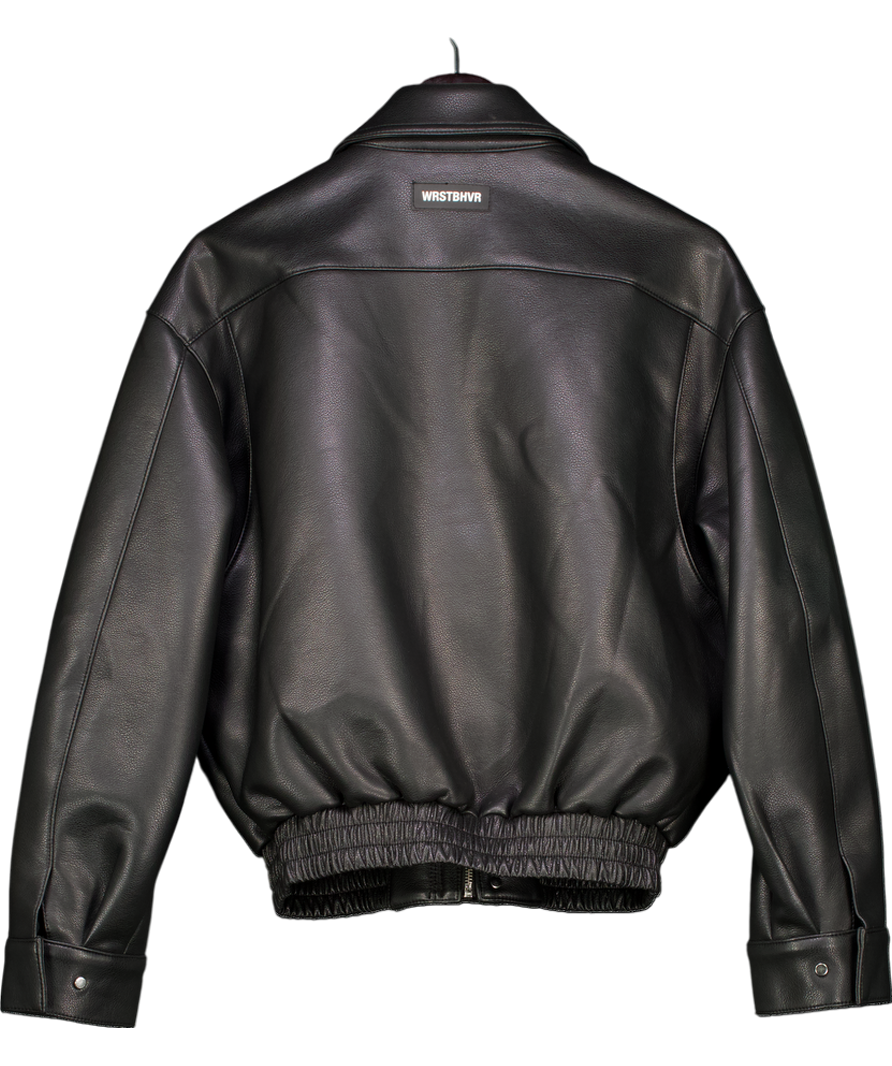WRSTBHVR Black Leather Look Logo Bomber Jacket UK M