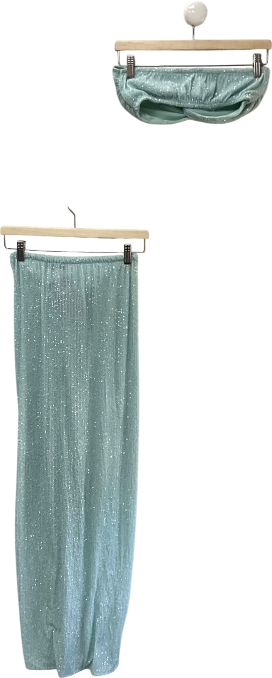 ASOS Sequin Twist Maxi Beach Skirt Co Ord In Soft Blue & Twist Bandeau Top UK 8