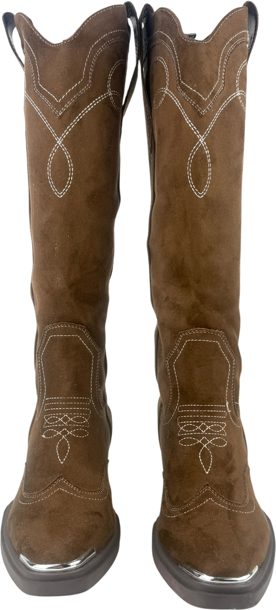 ASOS Brown Wide Fit Celeste Flat Western Knee Boots In Choc Faux Suede UK 4 EU 37 👠