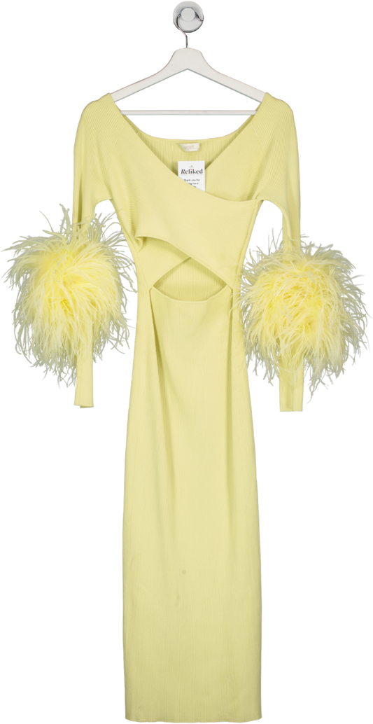 Lapointe Yellow Ribbed Cut Out Maxi Dress With Feather Trim UK XS
