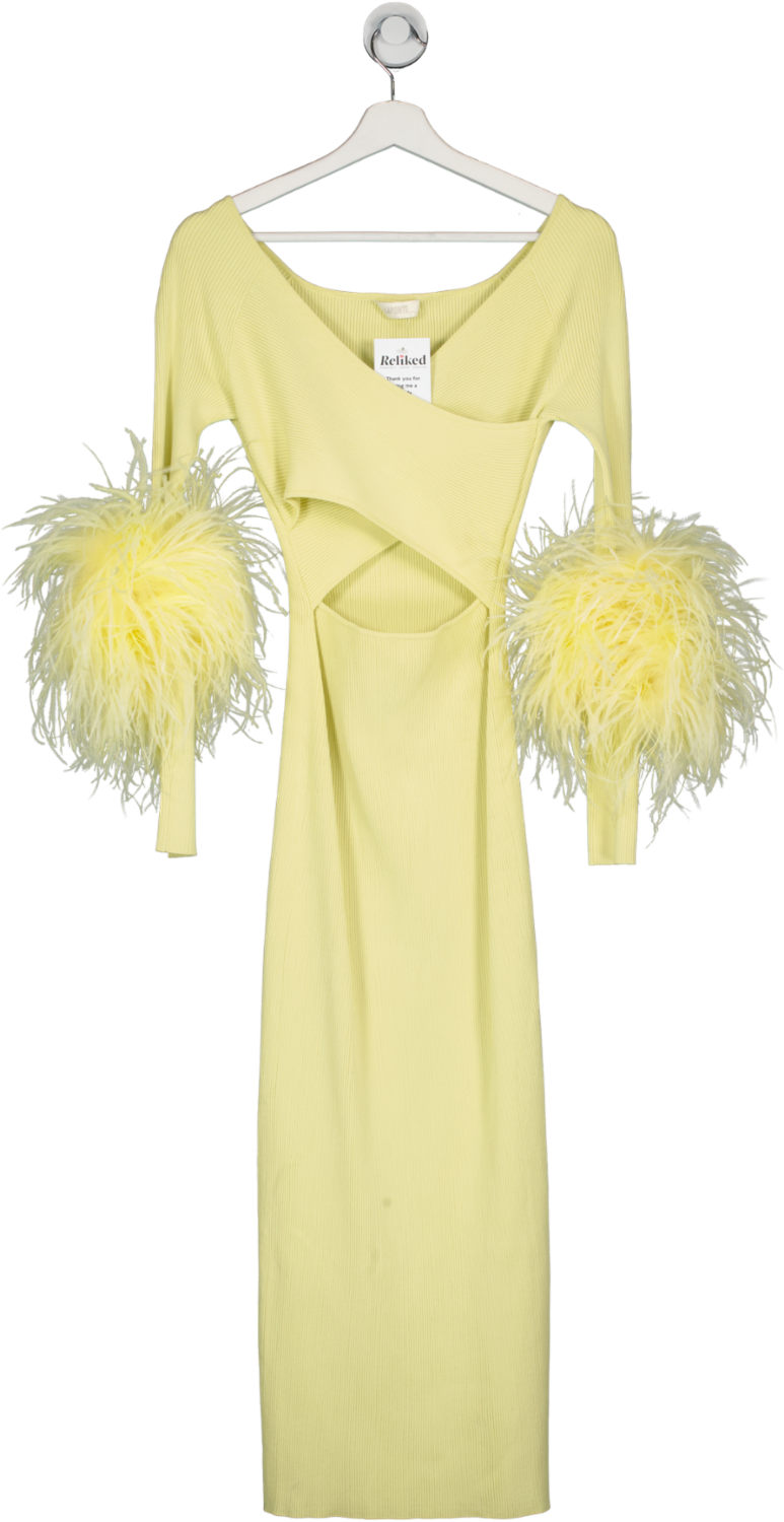 Lapointe Yellow Ribbed Cut Out Maxi Dress With Feather Trim UK XS