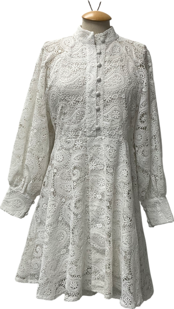 FOREVAYOUNG White Long Sleeved Lace Dress With Button Detail UK M/L