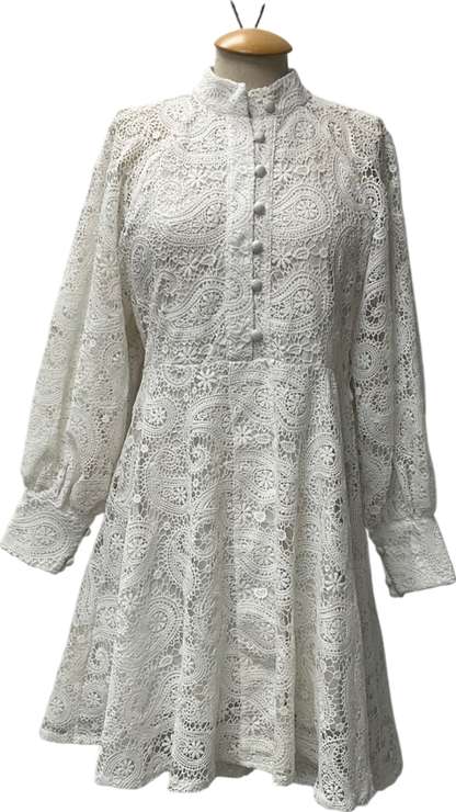 FOREVAYOUNG White Long Sleeved Lace Dress With Button Detail UK M/L