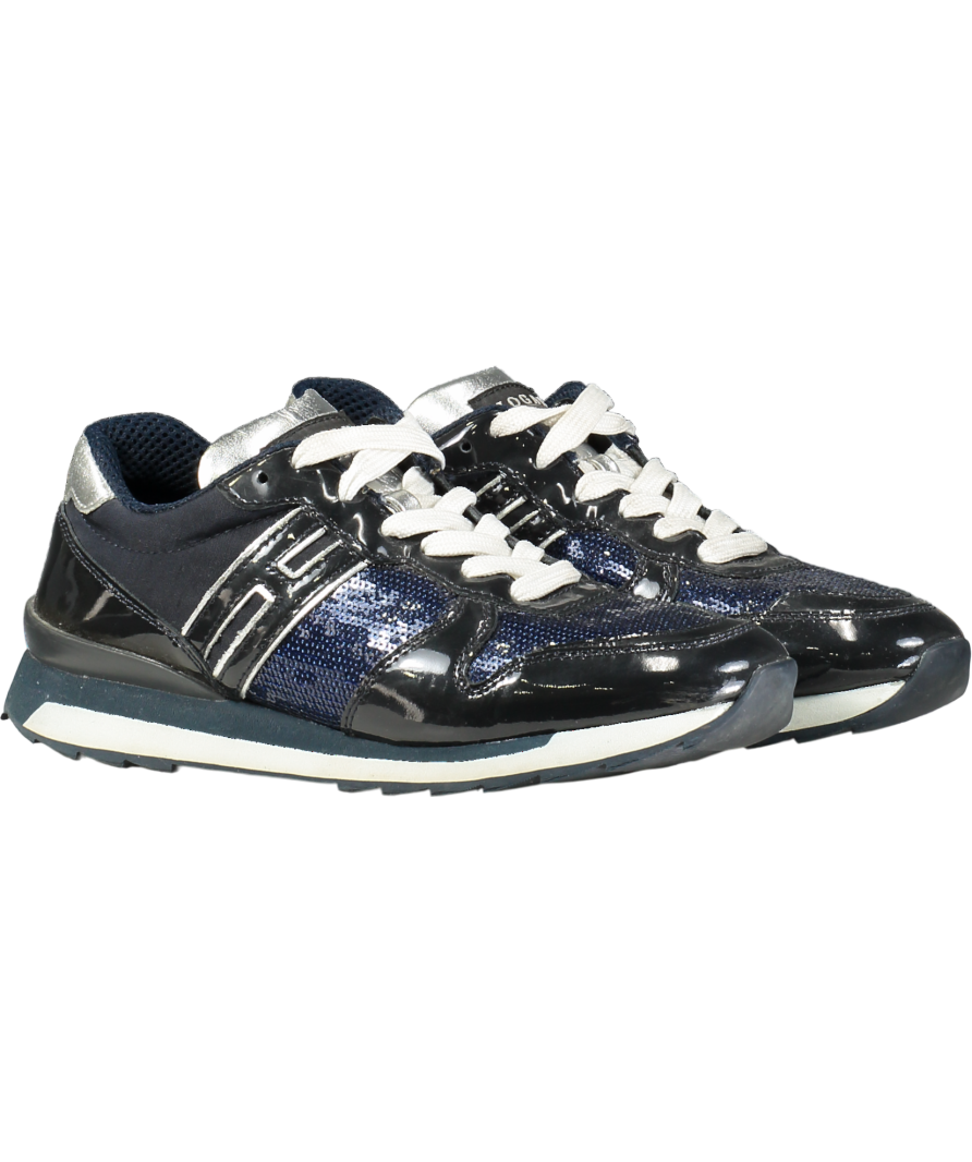 HOGAN Blue Navy Patent "H" Logo Sequin Trimmed Trainers UK 4.5 EU 37.5 👠