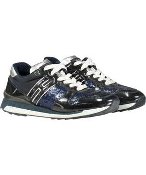 HOGAN Blue Navy Patent "H" Logo Sequin Trimmed Trainers UK 4.5 EU 37.5