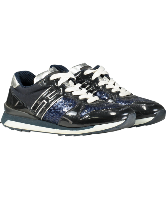 HOGAN Blue Navy Patent "H" Logo Sequin Trimmed Trainers UK 4.5 EU 37.5 👠