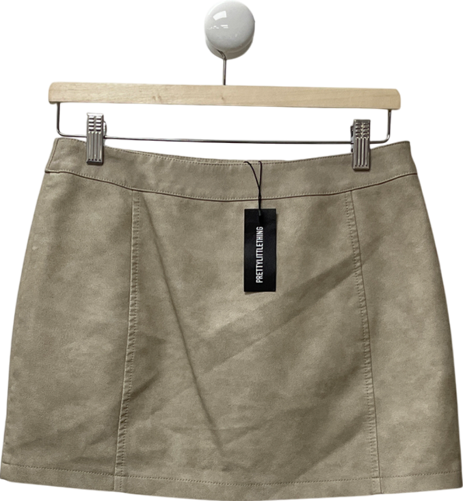 PrettyLittleThing Cream Stone Washed Faux Leather Seam Detail Mini Skirt UK 8