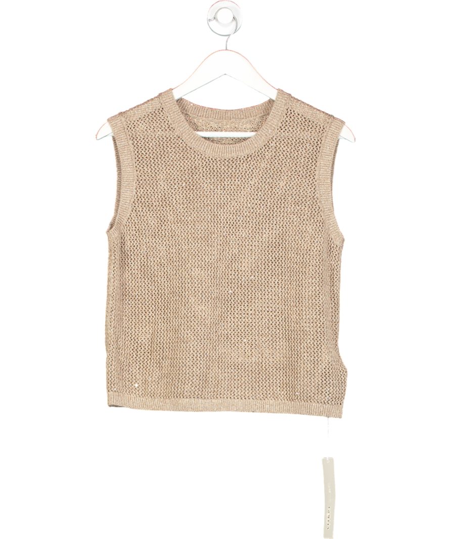 GOELIA Beige Linen Sequin-embellished Women Open-knit Tank Top UK M